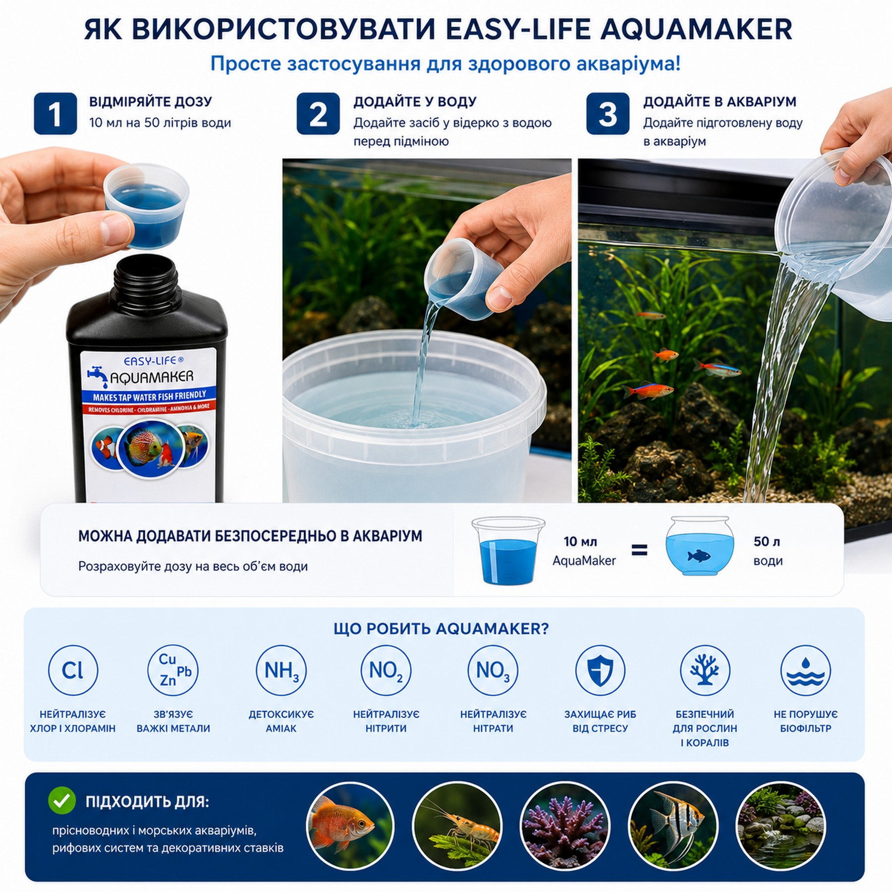 Кондиционер и детоксикатор воды Easy-Life AquaMaker 500 мл (AQM0500) для пресноводных морских аквариумов