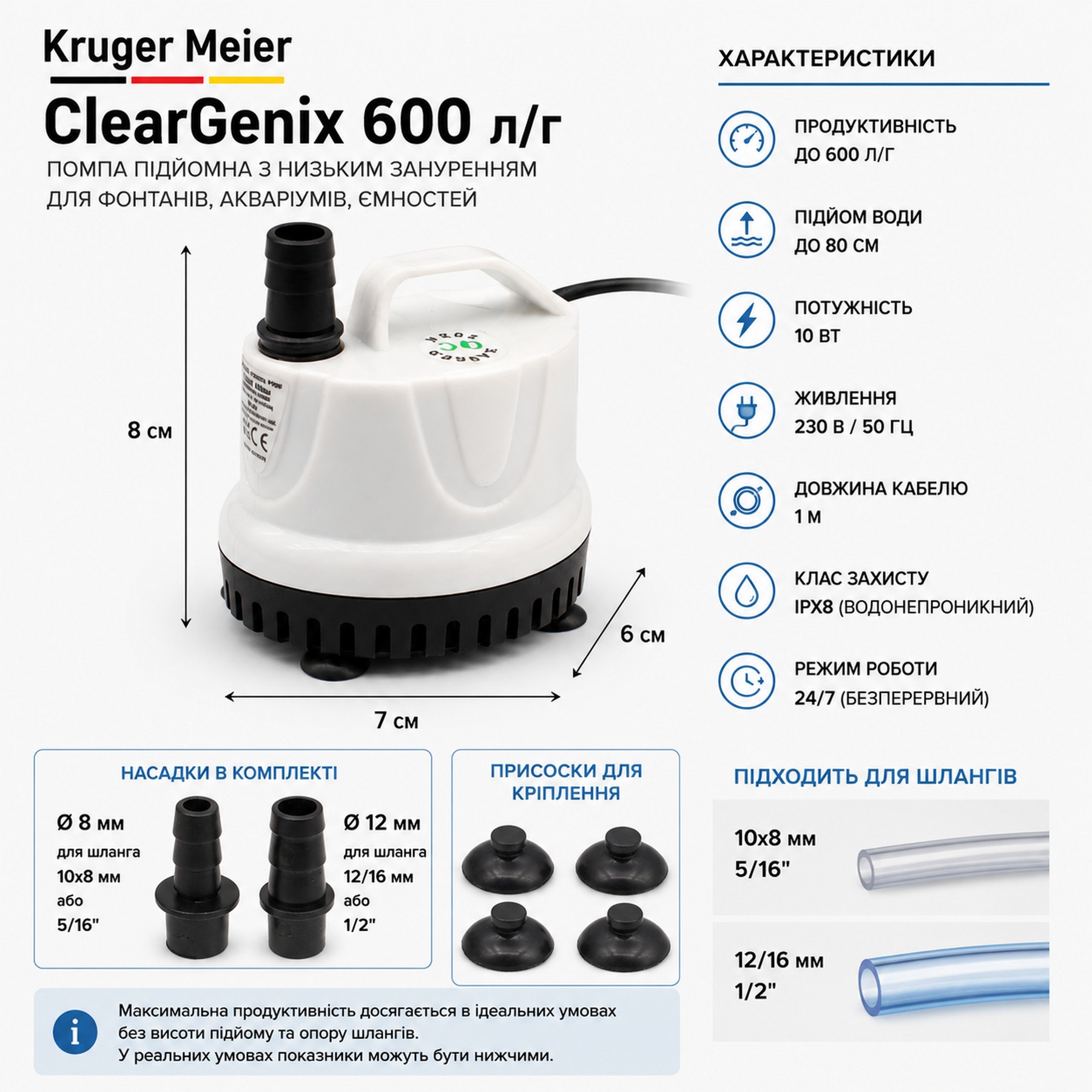 Помпа підйомна з низьким зануренням Kruger Meier ClearGenix 600 л/г для фонтанів, акваріумів, ємностей