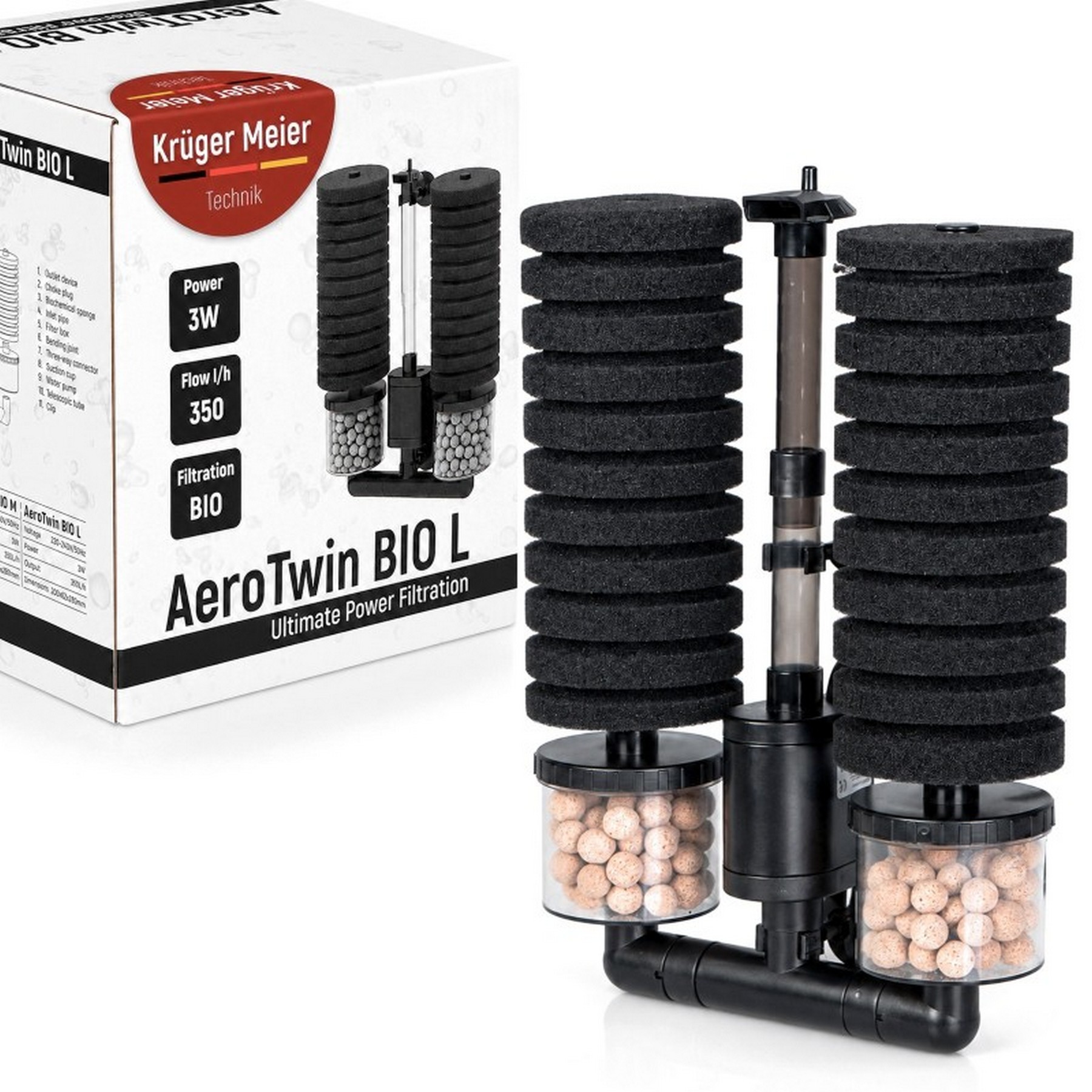 Внутрішній фільтр Kruger Meier AeroTwin BIO L для акваріума 60-120 л, 350 л/год, 3 Вт