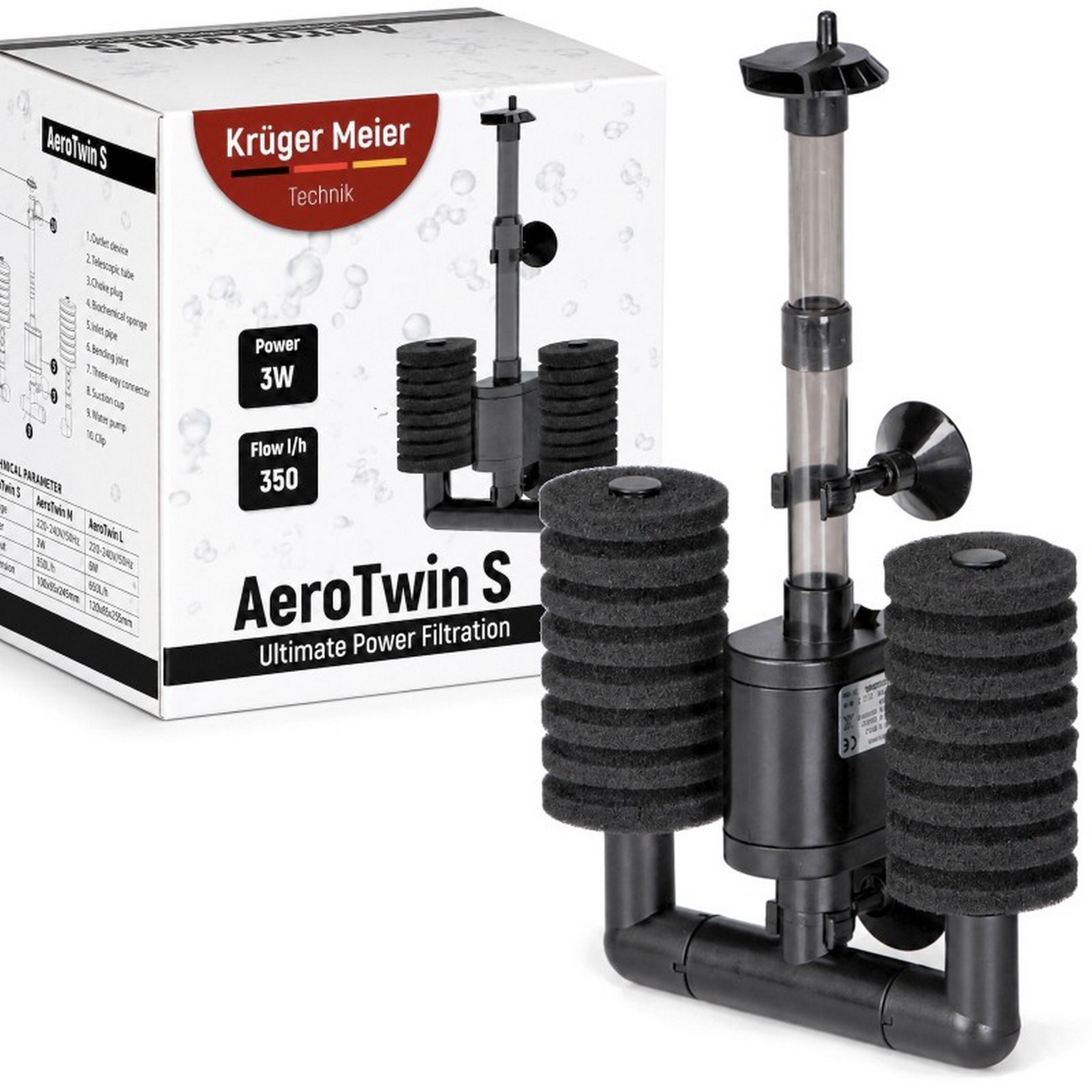 Внутрішній фільтр Kruger Meier AeroTwin S для акваріума 20-60 л, 350 л/год, 3 Вт