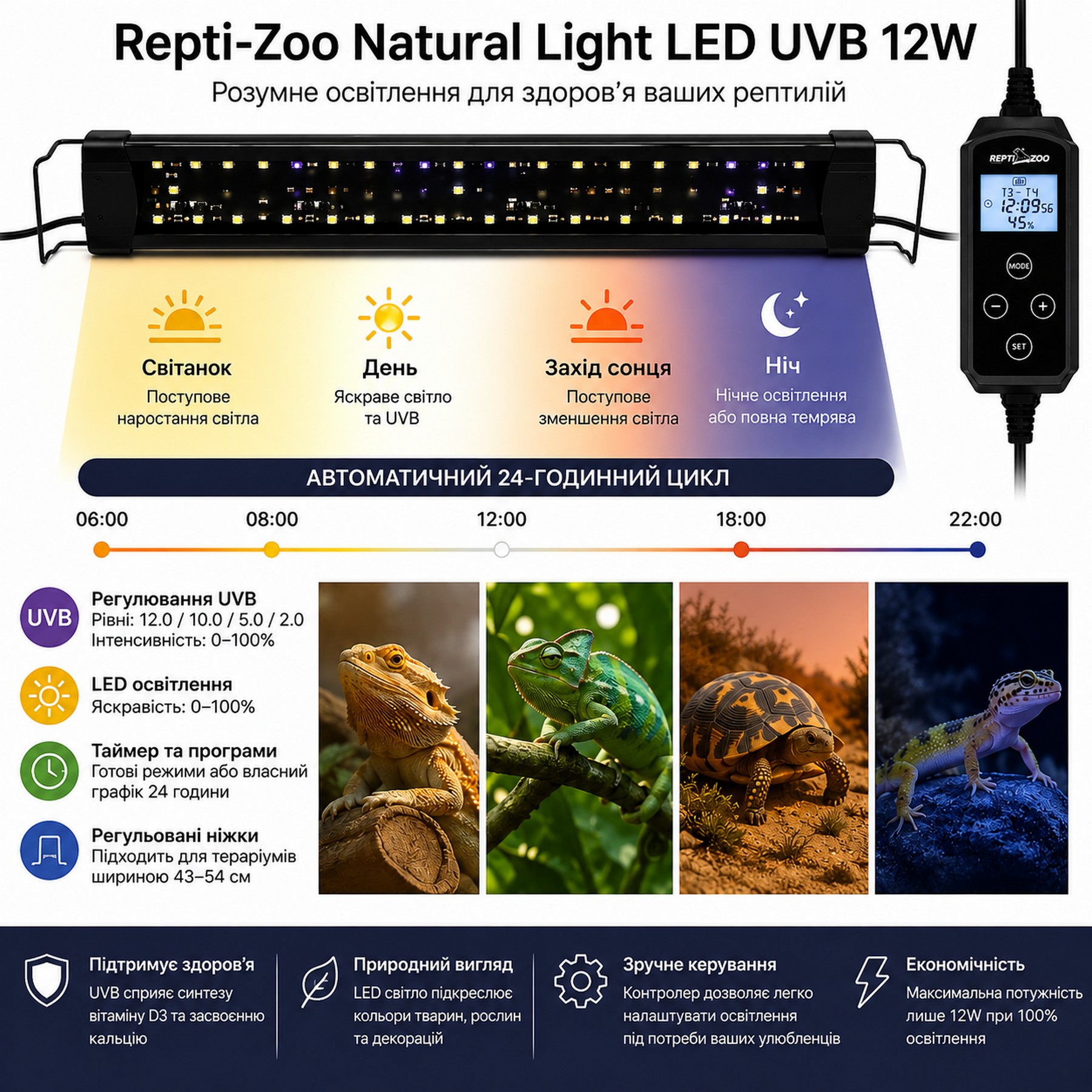 Світильник LED UVB Repti-Zoo Natural Light LED UVB 12W 43-54 см для тераріуму з контролером