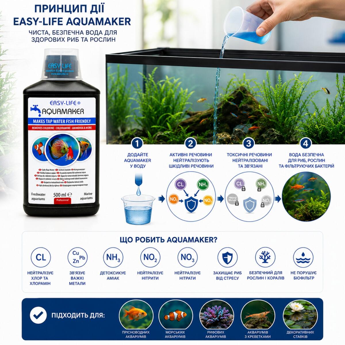 Кондиционер и детоксикатор воды Easy-Life AquaMaker 500 мл (AQM0500) для пресноводных морских аквариумов